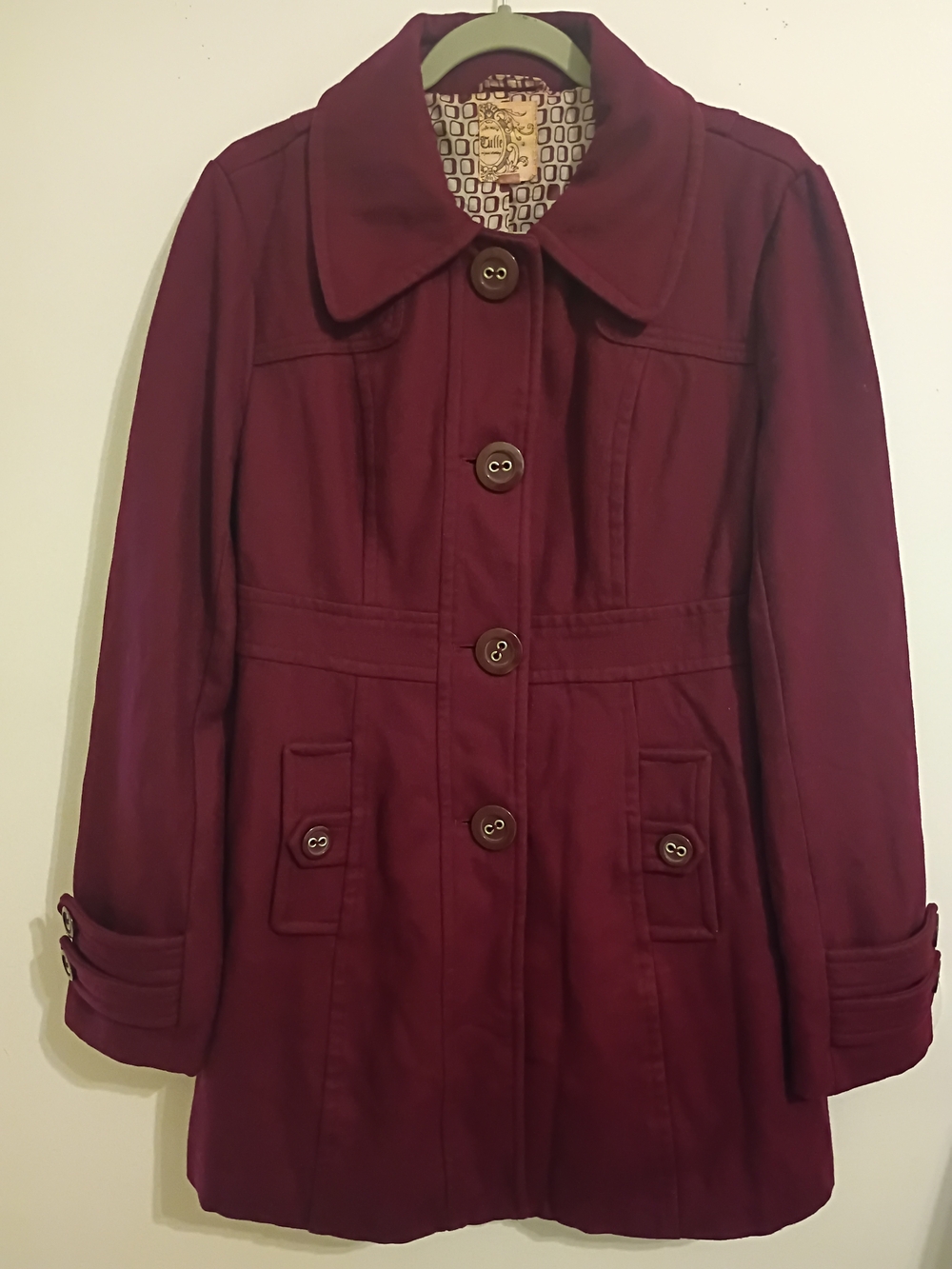 Tulle Anthrpologie Women's Plum Button-Front Pea Coat Sz XL